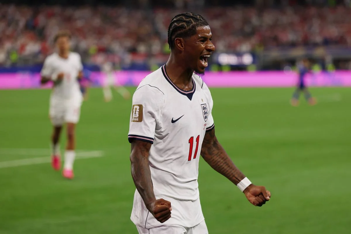 ARLINGTON, TEXAS - JUNE 17: Marcus Rashford #11 of England celebrates scoring his team's fourth goal during the FIFA World Cup 2026 Group L match between England and Croatia at Dallas Stadium on June 17, 2026 in Arlington, Texas. (Photo by Tullio Puglia - FIFA/FIFA via Getty Images)