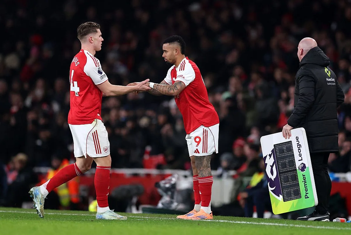 Viktor Gyoekeres of Arsenal is substituted off for Gabriel Jesus