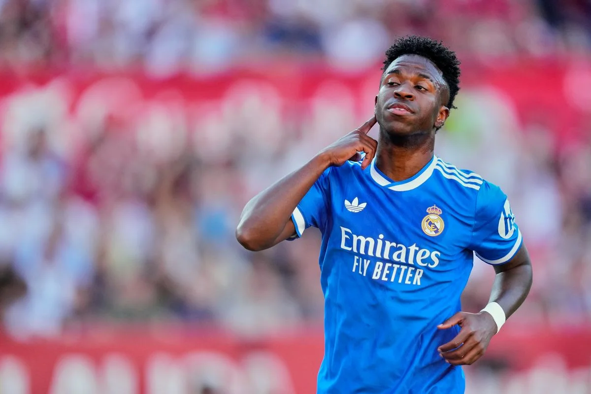 Vinicius Junior left winger of Real Madrid and Brazil celebrates after scoring his sides first goal during the LaLiga EA Sports match between Sevilla FC and Real Madrid CF at Estadio Ramon Sanchez Pizjuan on May 17, 2026 in Seville, Spain.