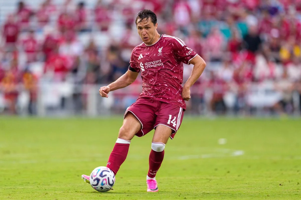 NASHVILLE, TENNESSEE - JULY 25: Federico Chiesa #14 of Liverpool kicks the ball during the pre-season friendly match between Liverpool FC and Sunderland AFC at GEODIS Park on July 25, 2026 in Nashville, Tennessee. (Photo by Andrew J. Clark/ISI Photos/ISI Photos via Getty Images)
