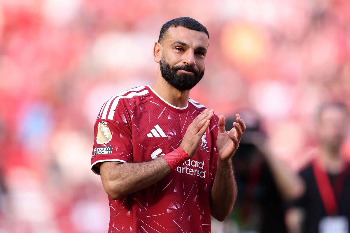 LIVERPOOL, ENGLAND - MAY 24: Mohamed Salah of Liverpool appears emotional as he applauds the fans following his final appearance for the club during the Premier League match between Liverpool and Brentford at Anfield on May 24, 2026 in Liverpool, England. (Photo by Jack Thomas/Getty Images)